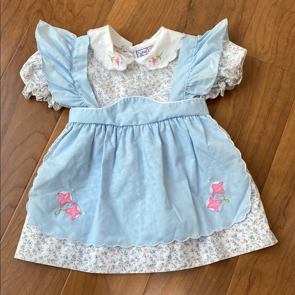 Vintage J.C. Penney Blue Floral Cottagecore Prairie Baby Apron Dress 9/12 M